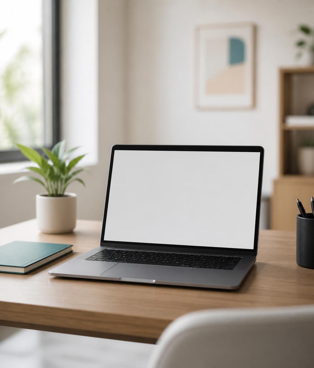 Escritorio moderno con una computadora portátil lista para trabajar